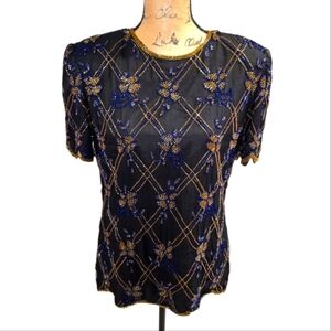 Papell Boutique Black Gold Blue Beaded Vintage 100% Silk Embellished Blouse Med